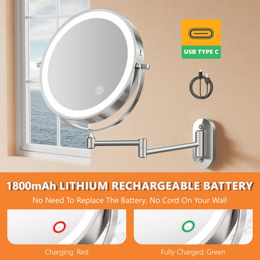 Auxmir Makeup Mirror with Lights, 1X/10X Rechargeable Cosmetic Mirror Wall Mounted, Double-sided Magnifying Mirror with 3 Light Colors, Touchscreen, 360° Rotatable for Bathroom