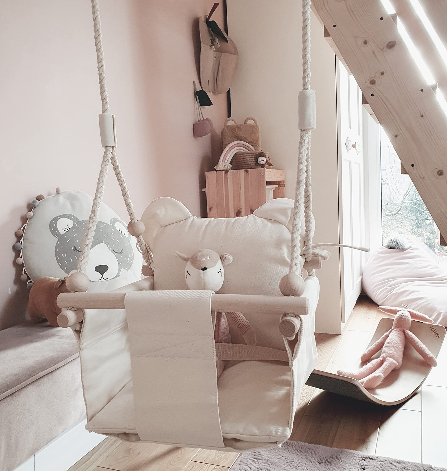 MAMOI® Baby swing, indoor baby swing, wooden children's swing, wooden swing for kids, door frame swings, swing, toddler swing for children's room from 1 year old.