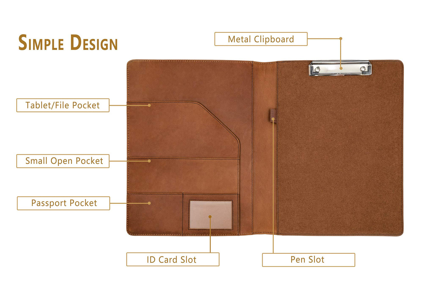 Calfinder A4 leather writing pad, slim leather conference folder with A4 pad, clipboard folder document holder with A4 clipboard, file folder for office school/work colleagues, gift, brown.