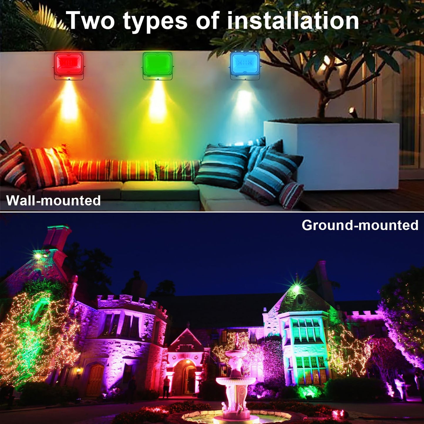 BOSITE RGB LED floodlights 10W, 4 pack, outdoor floodlights IP66 waterproof, LED garden lighting for yard, garden, tree, landscape, lawn, pathway (24V)