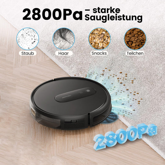AIRROBO P25 robot vacuum cleaner with 2800 Pa suction power, suitable for pet hair, hard floors, and carpets. Compatible with Alexa and app control, with a running time of 120 minutes and a remote control.