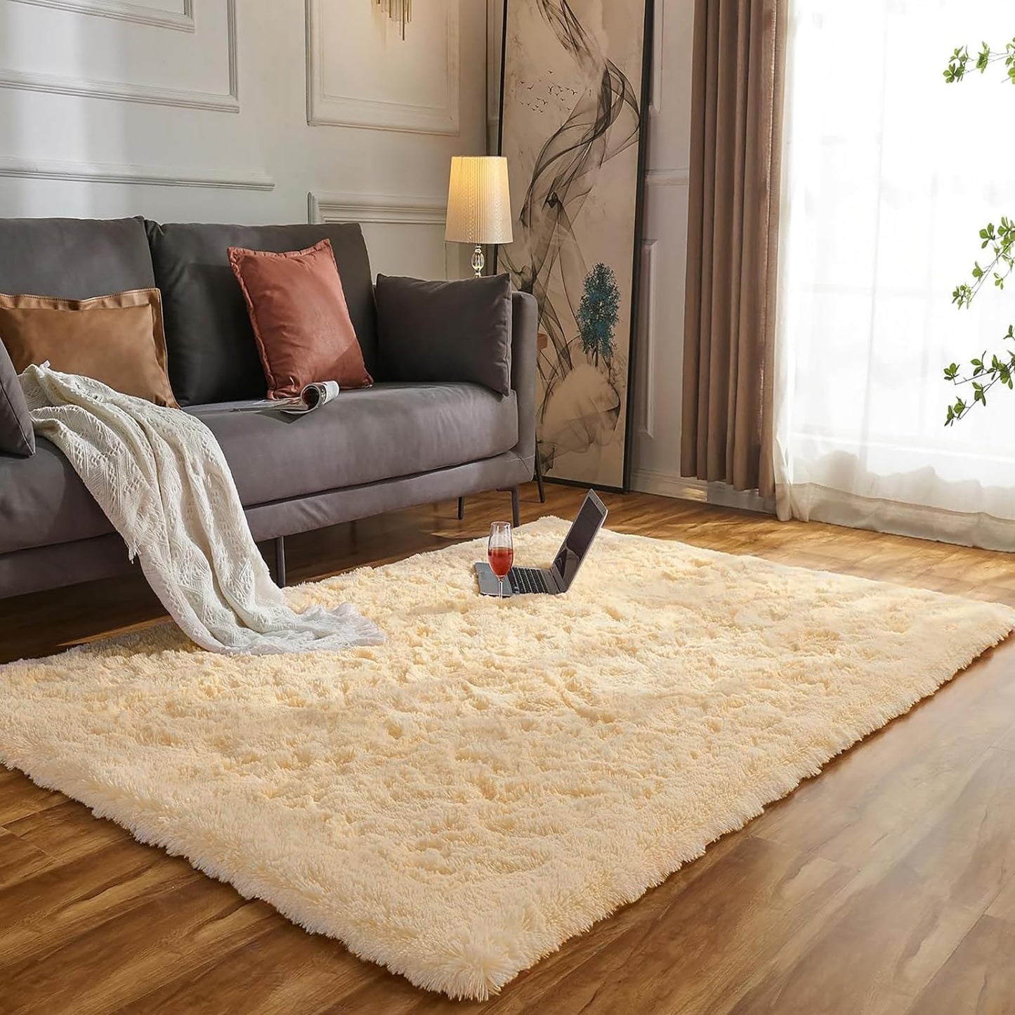 Evitany carpet living room, fluffy washable non-slip carpet bedroom for bedside rug, children's room, kitchen (beige, 120 x 160 cm)