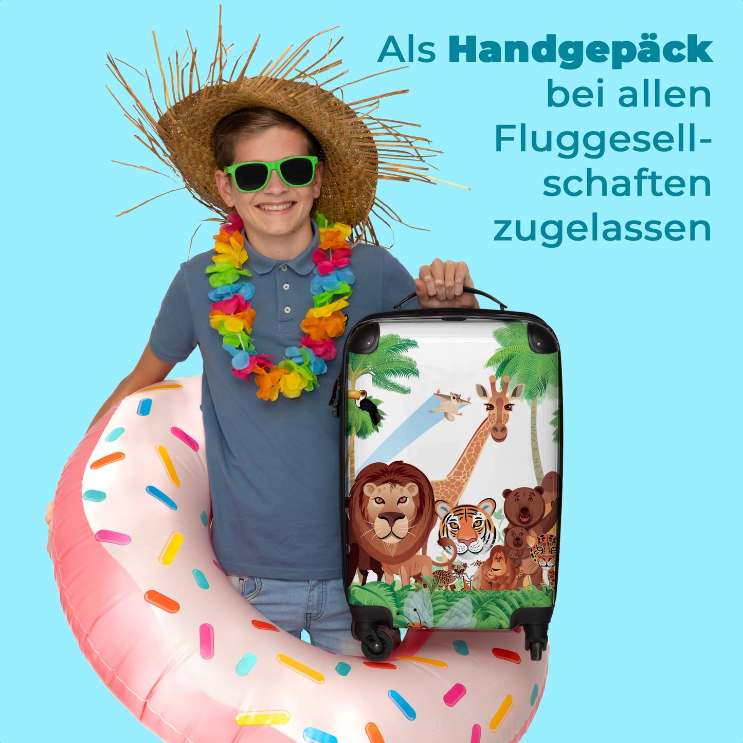 NoBoringSuitcases.com® Kids' carry-on suitcase featuring fun trolli gifts inspired jungle design with a tiger and lion. Dimension: 55x35x20cm.