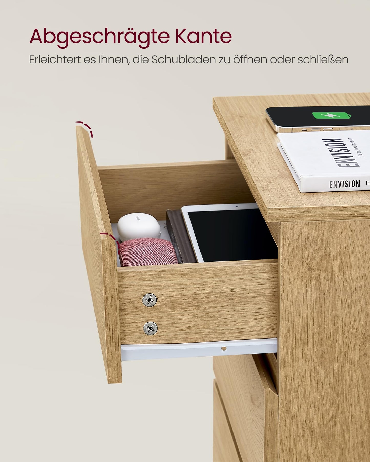 VASAGLE Kailyn Collection - Nightstand with Power Strip, Side Table, 3 Drawers, 2 AC Outlets, 2 USB-A Ports, Modern, Straw Yellow LET631Y70