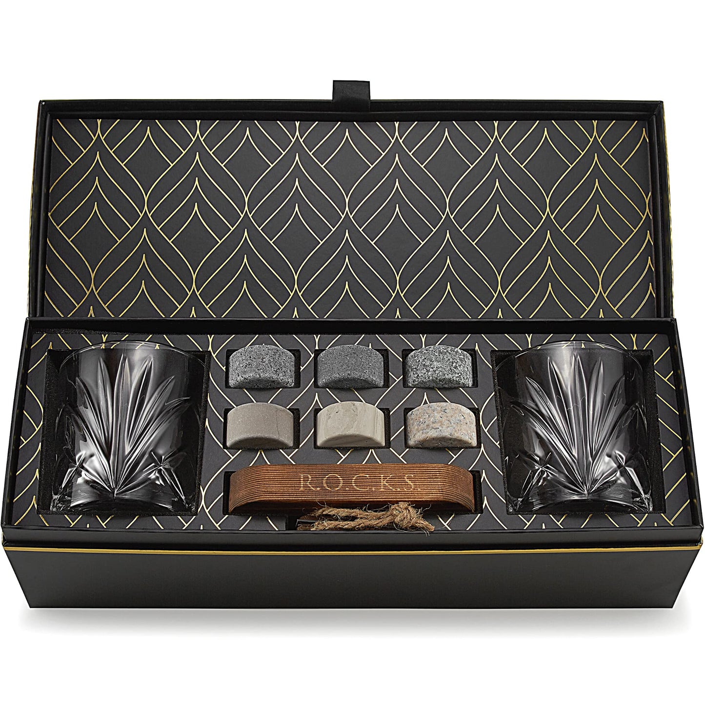 Whiskey Stones Set - 6 Handcrafted Round Granite Whiskey Stones - 2 Whiskey Glasses - Hardwood Presentation and Storage Board - Whiskey Gift Set Box with Gold Foil by Rocks