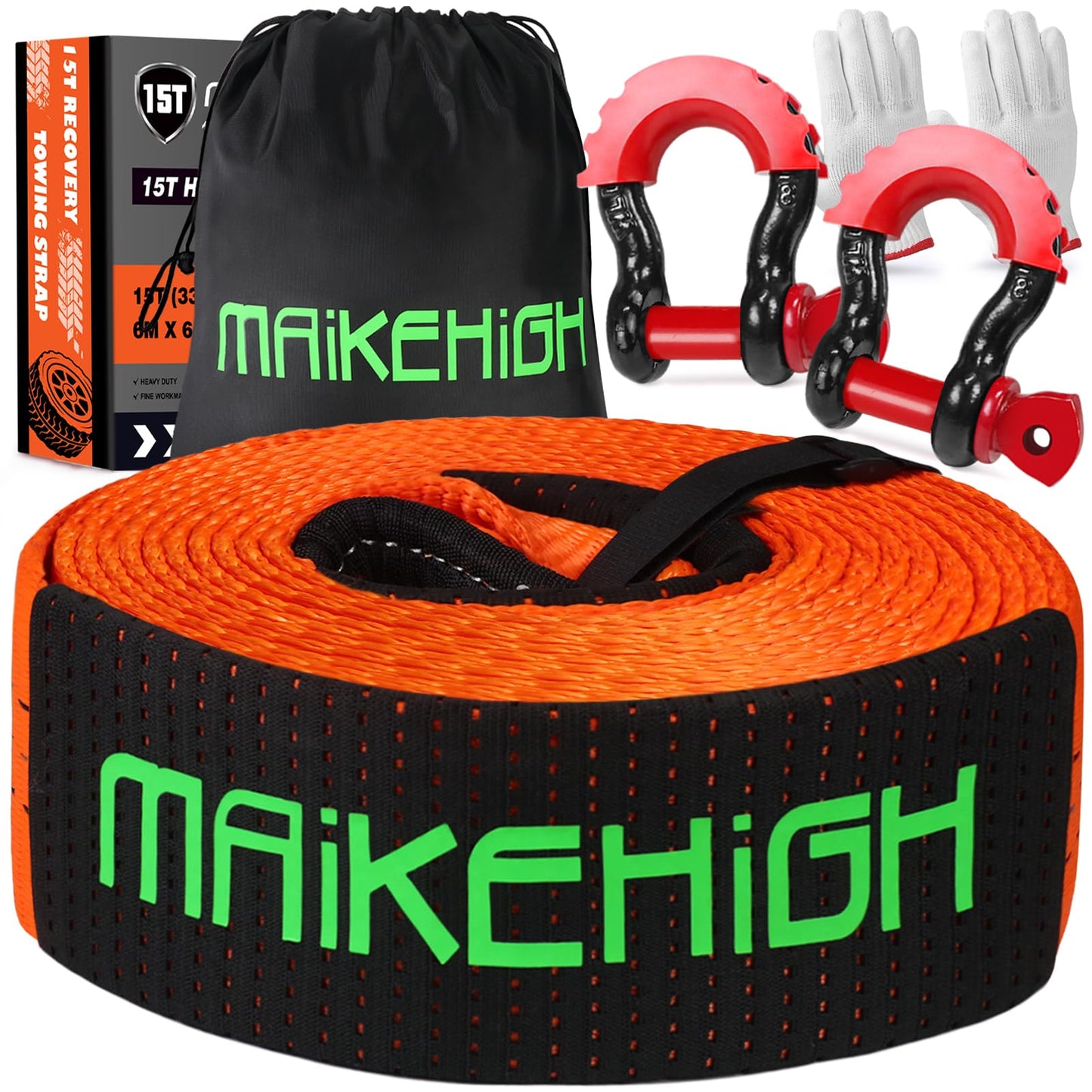 MAIKEHIGH Tow Strap 15 Tons (33,700 Lbs), 6M x 7.6cm Tow Strap with 2 Upgraded Shackles Hooks, 2 Gloves for Car, Truck, SUV, Offroad (Orange)