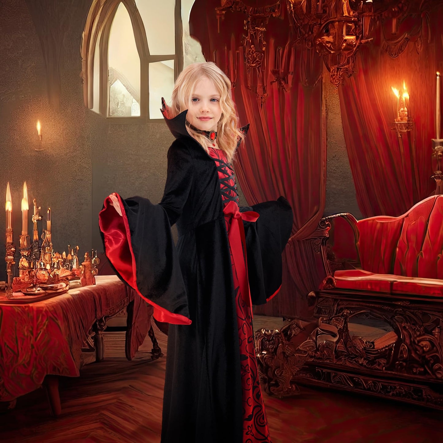Funnlot Vampire Costume Girls Gothic Halloween Costume Dress with Vampire Teeth Kids Carnival Costume Cosplay M(7-9 Years)