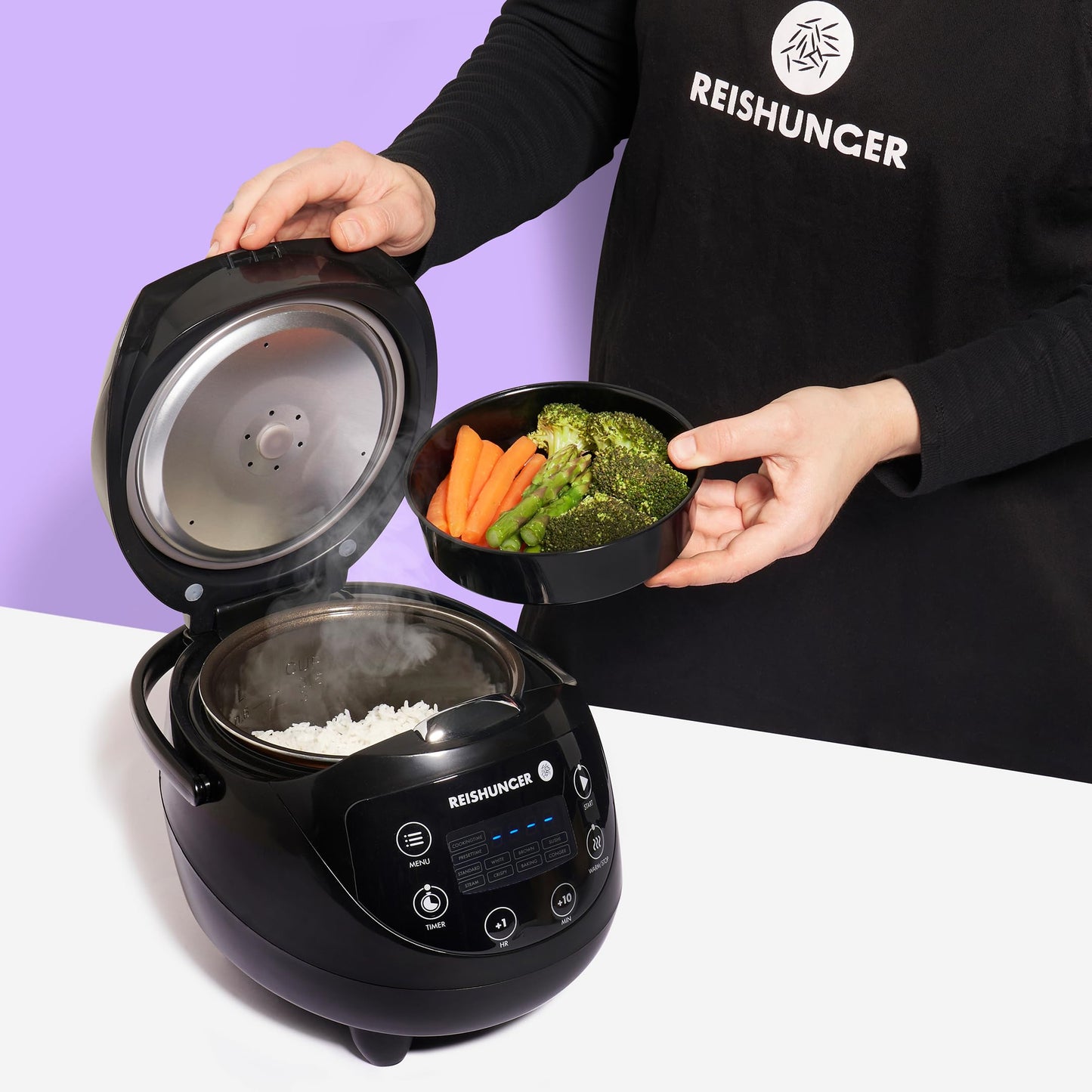 REISHUNGER Digital Rice Cooker small, black | 0.6 L for 3 people | Keep warm function, timer & premium pot | Small multi-cooker & steamer, 8 programs, 7-phase technology