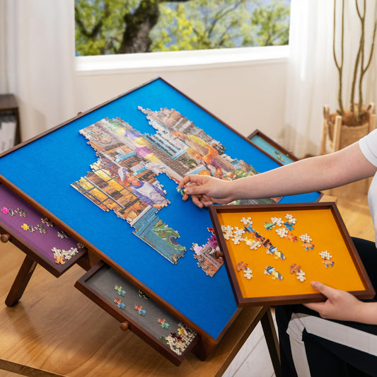 Tektalk puzzle table with foldable legs & tiltable stand, puzzle board with PP cover & 6 colorful drawers, suitable for 1500, 1000, 500 puzzle pieces.