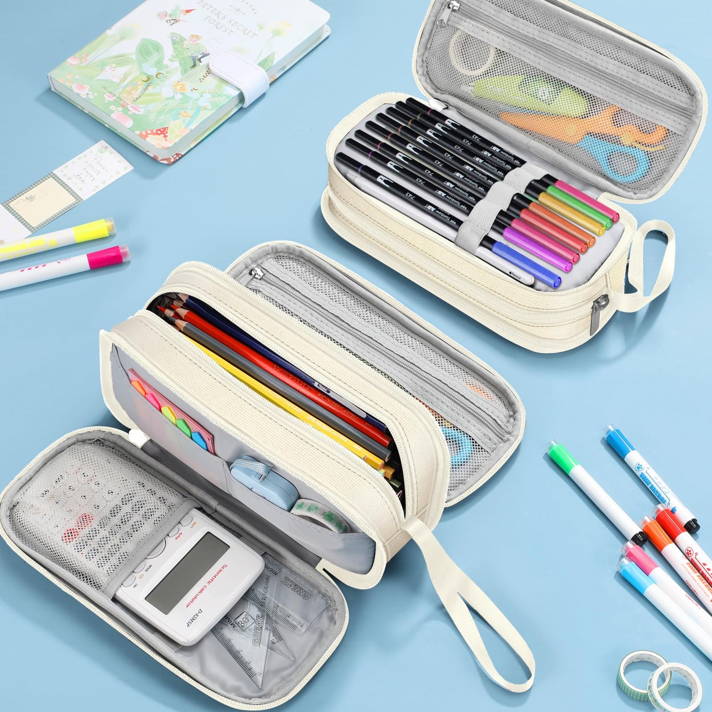 FINPAC Pencil Case - Large capacity pencil pouch with 3 compartments, perfect for school & office use. (Beige)