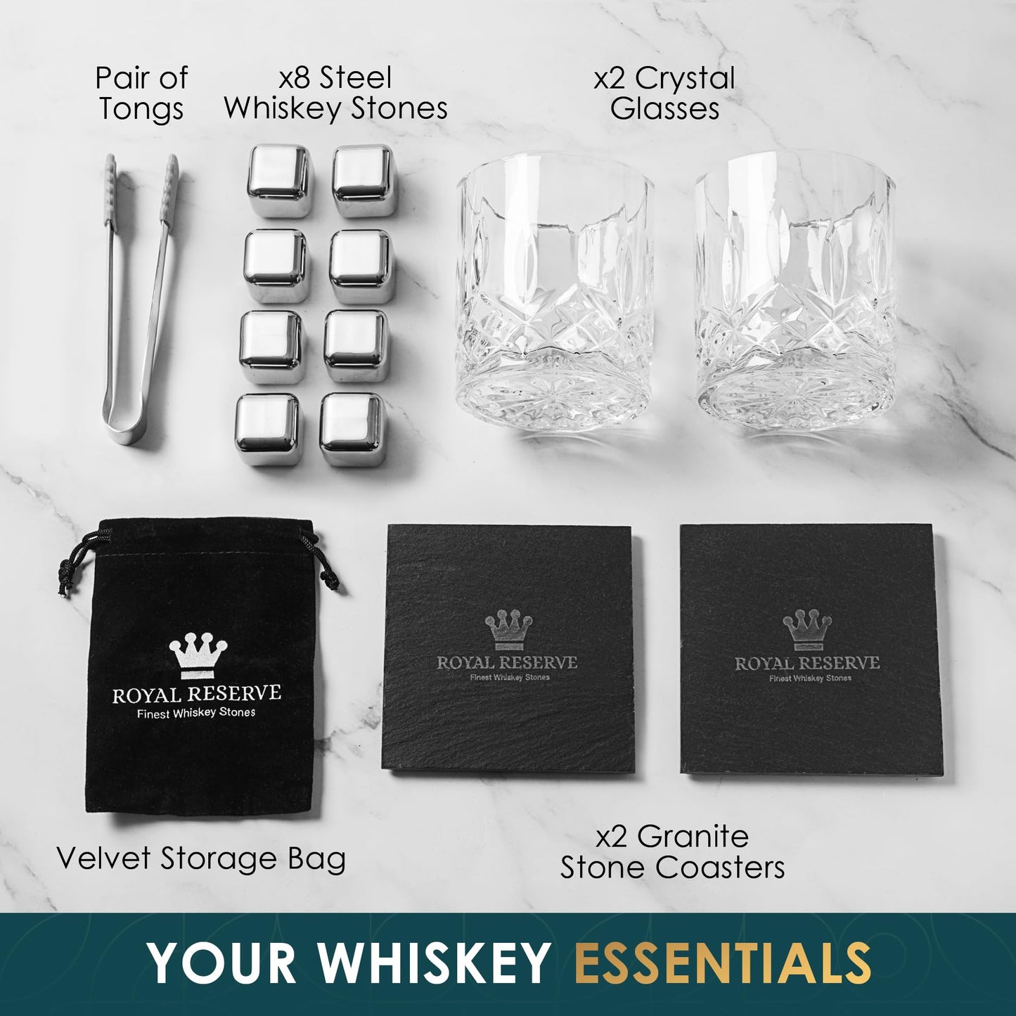 Whiskey gift set: Whiskey glasses, stones, tongs, coasters, wooden box, velvet bag, history and recipe cards - accessory set, gift for men, husband, friend, by Royal Reserve.