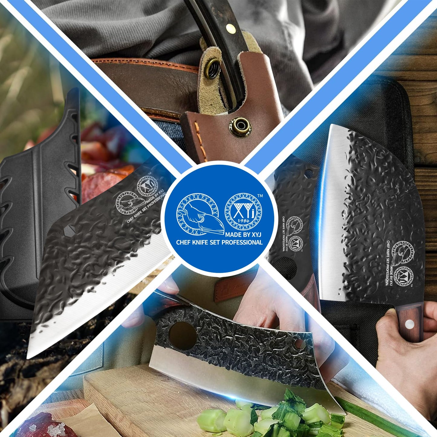 XYJ Full Tang Camping Knife Set Chinese Butcher Knife Vegetable Cook Knife Slicing Boning Knife with Leather Knife Handles & Roll Bag and Kitchen Tools Gifts for Women Men Gifts