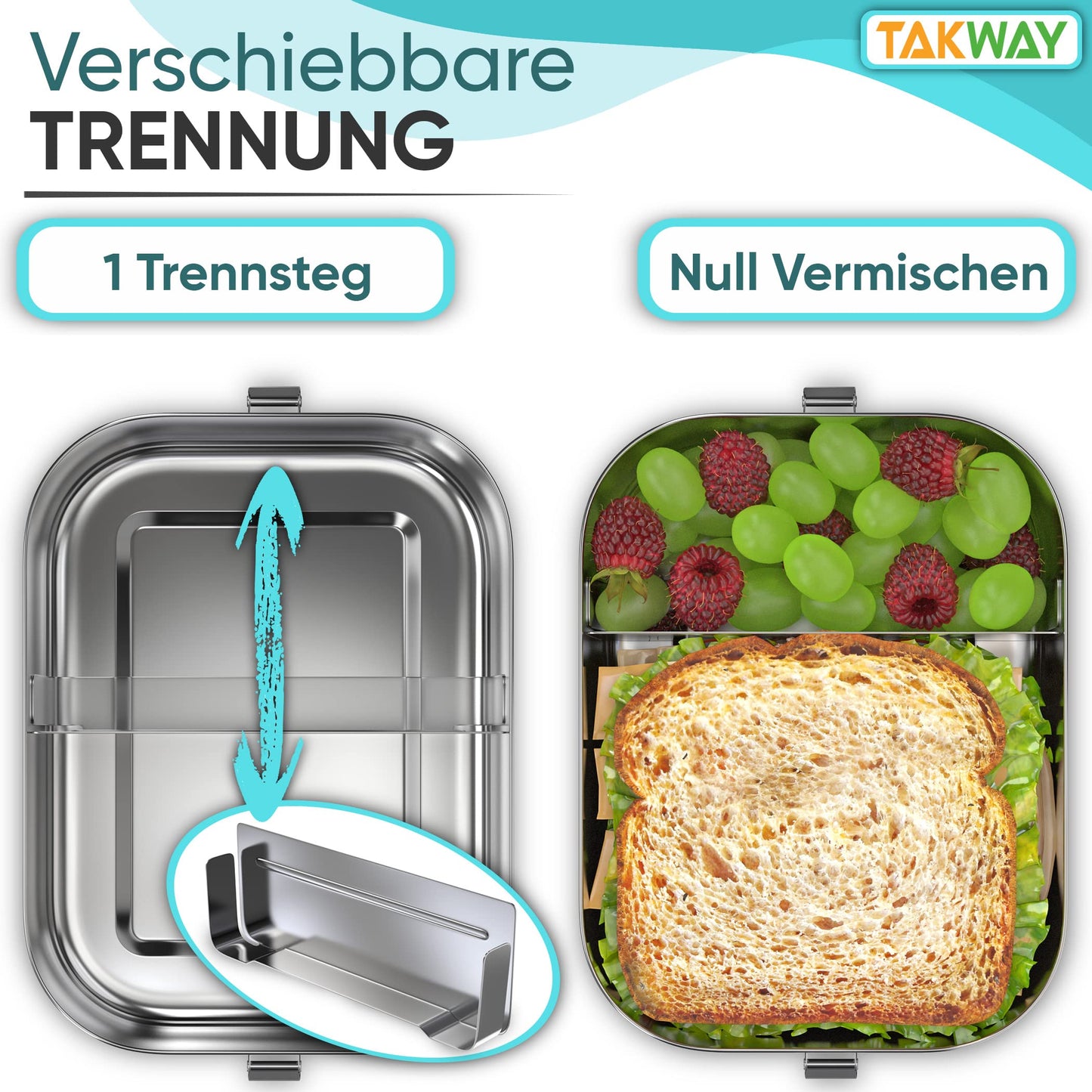 TAKWAY stainless steel lunchbox for kids with compartments 800ml | Leakproof | Bento box with adjustable dividers | Snack box lunchbox for kindergarten school (soccer, divider)