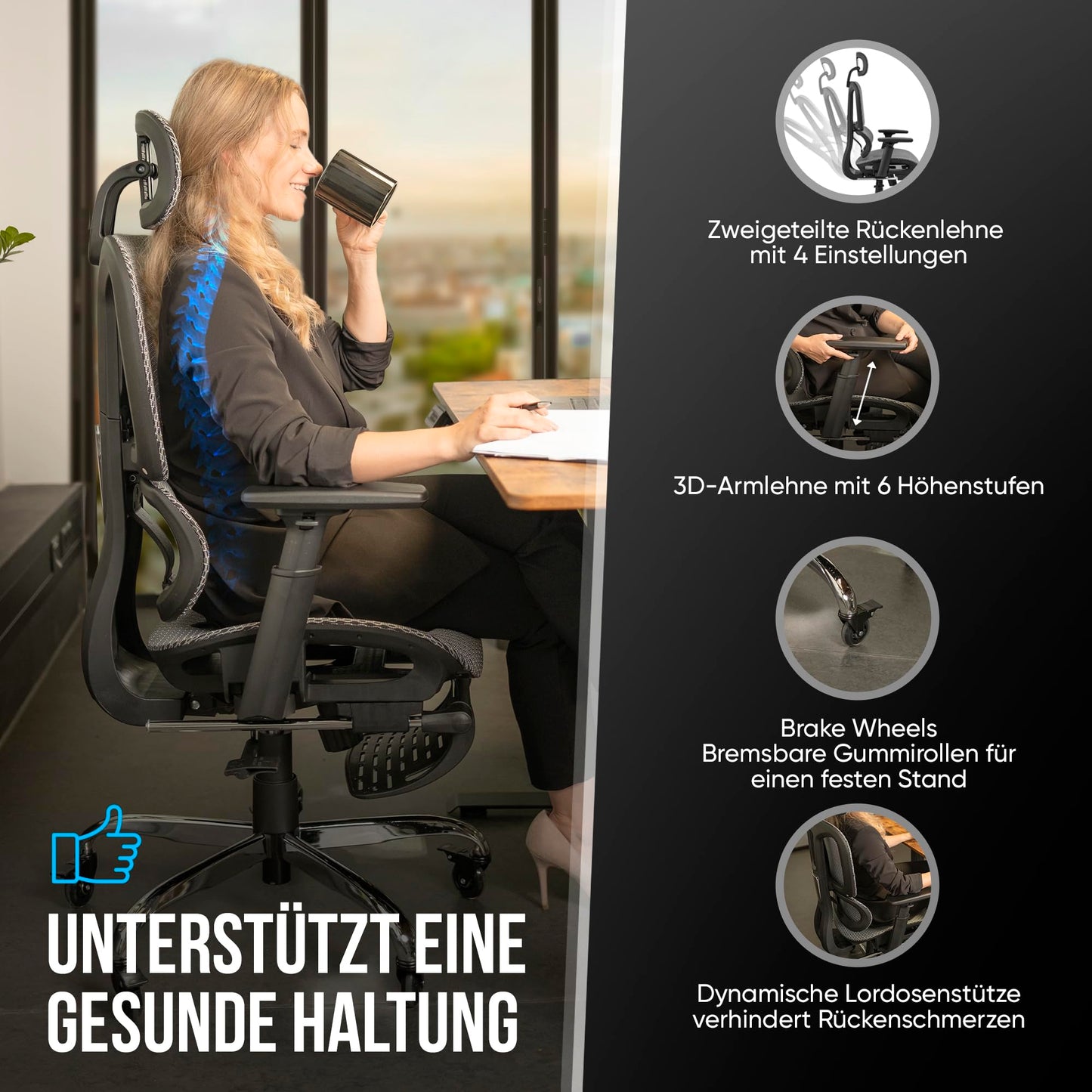 KRONIVO Office Chair Ergonomic with Footrest | Desk Chair with Headrest Armrests Lumbar Support | Desk Chair with Wheels for back-friendly sitting up to 440lbs