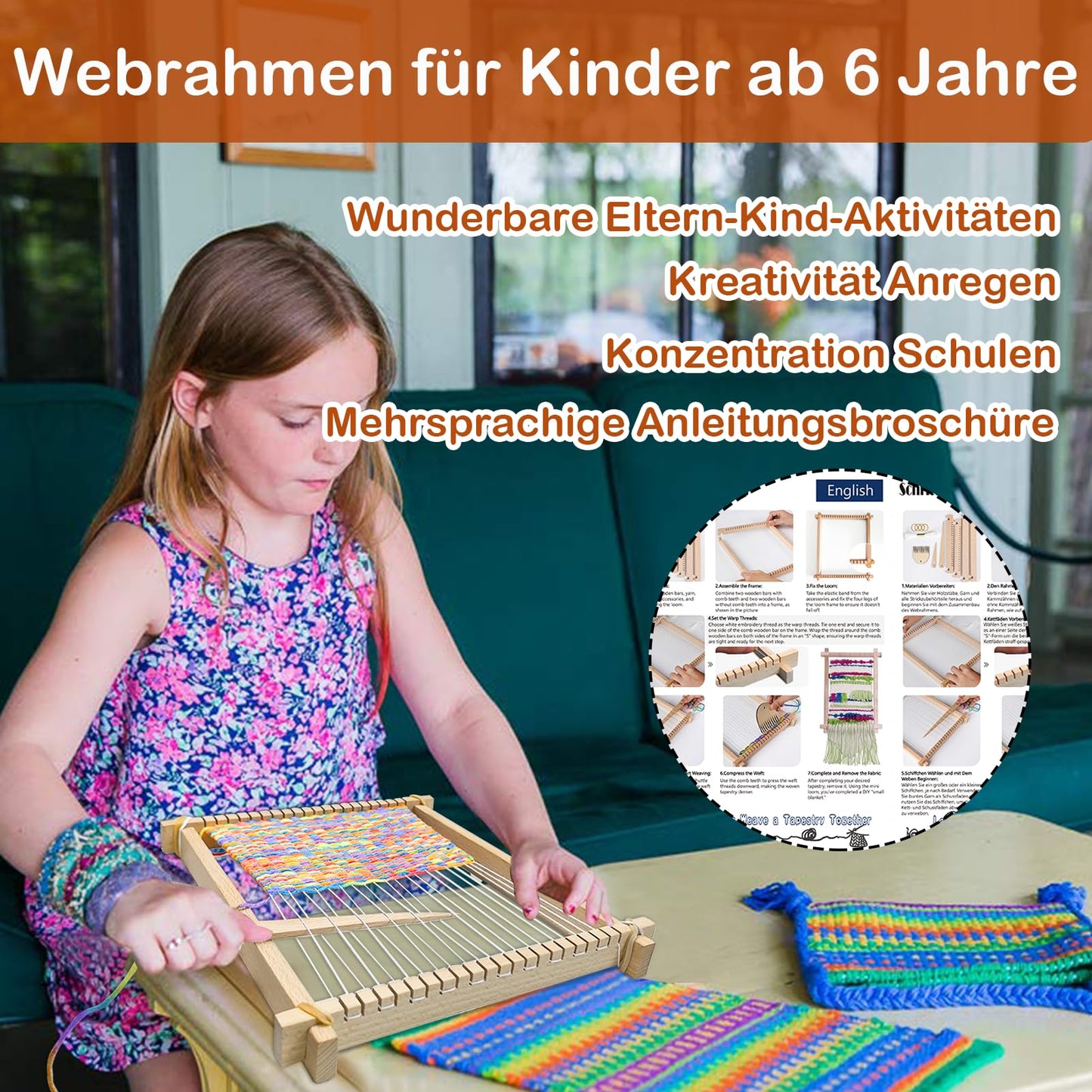LYKTRIX Children's Wooden Loom Set, weaving frame for kids aged 4-12, includes 13 accessories (yarn, needle, weaving comb) for creating round/square wall hangings & coasters.