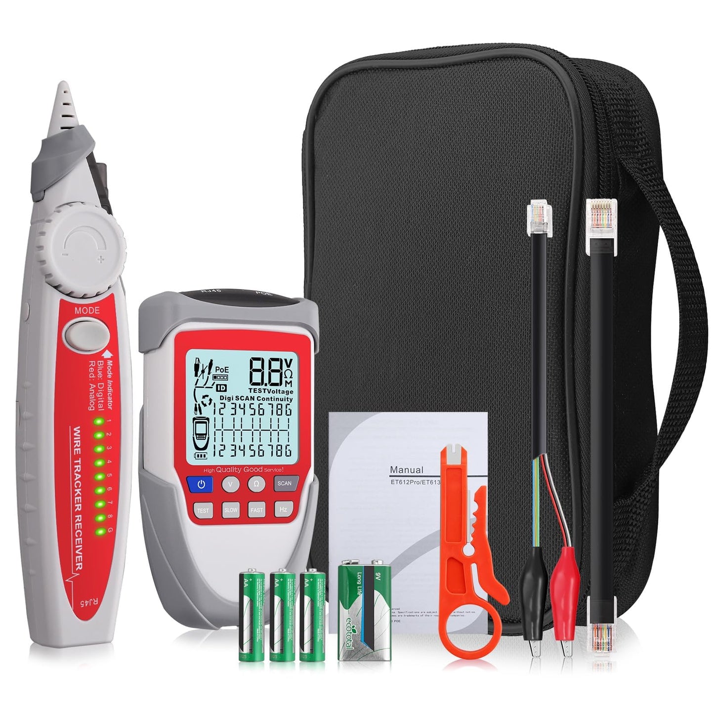 XUNTOP Wire Tracker Cable Finder LCD Network Cable Tester with POE Test Network Testing Tool Network Cable Tester with Storage Bag Support Network Cable CAT5, CAT5e, CAT 6, CAT 7 CAT 8