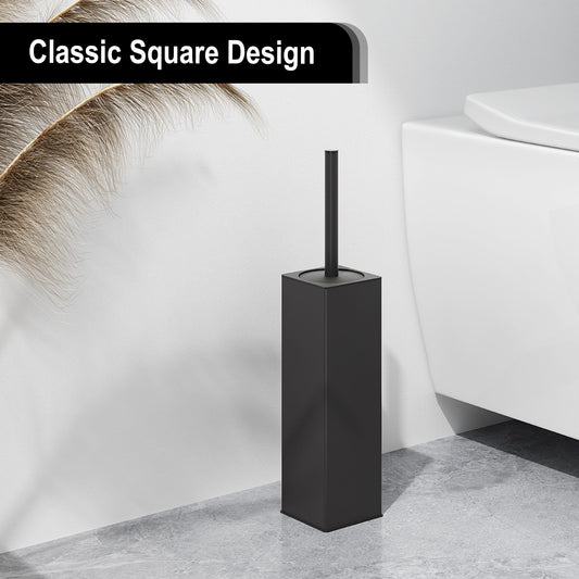 BVL WC Brushes & Holder Black, 2 Piece Metal Toilet Brush Including 4 Brush Heads, Free-standing Square Silicone Toilet Brush for the Bathroom