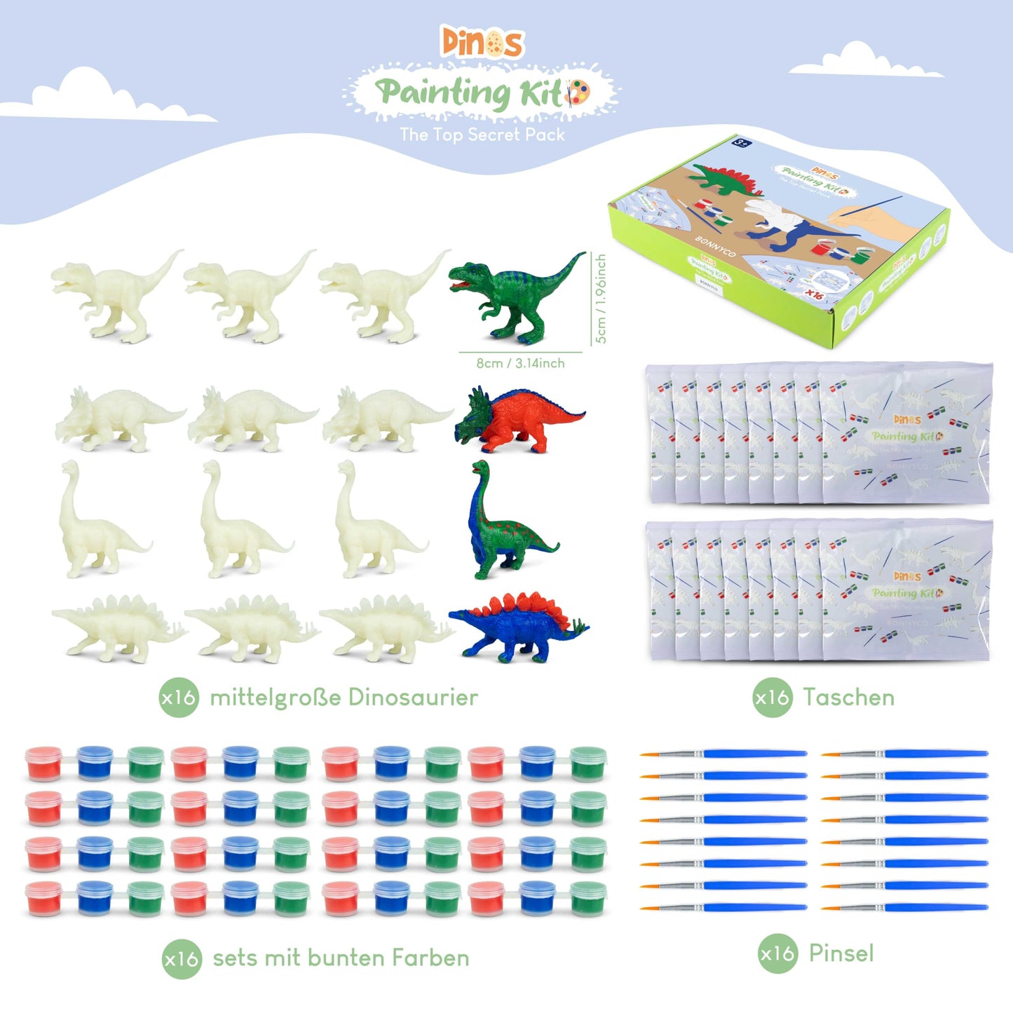 BONNYCO Dinosaur Party Favors for Kids Birthday, 16-piece Art Set. Ideal for goody bags, pinata fillers, and crafting activities for boys. Great small gifts for children.