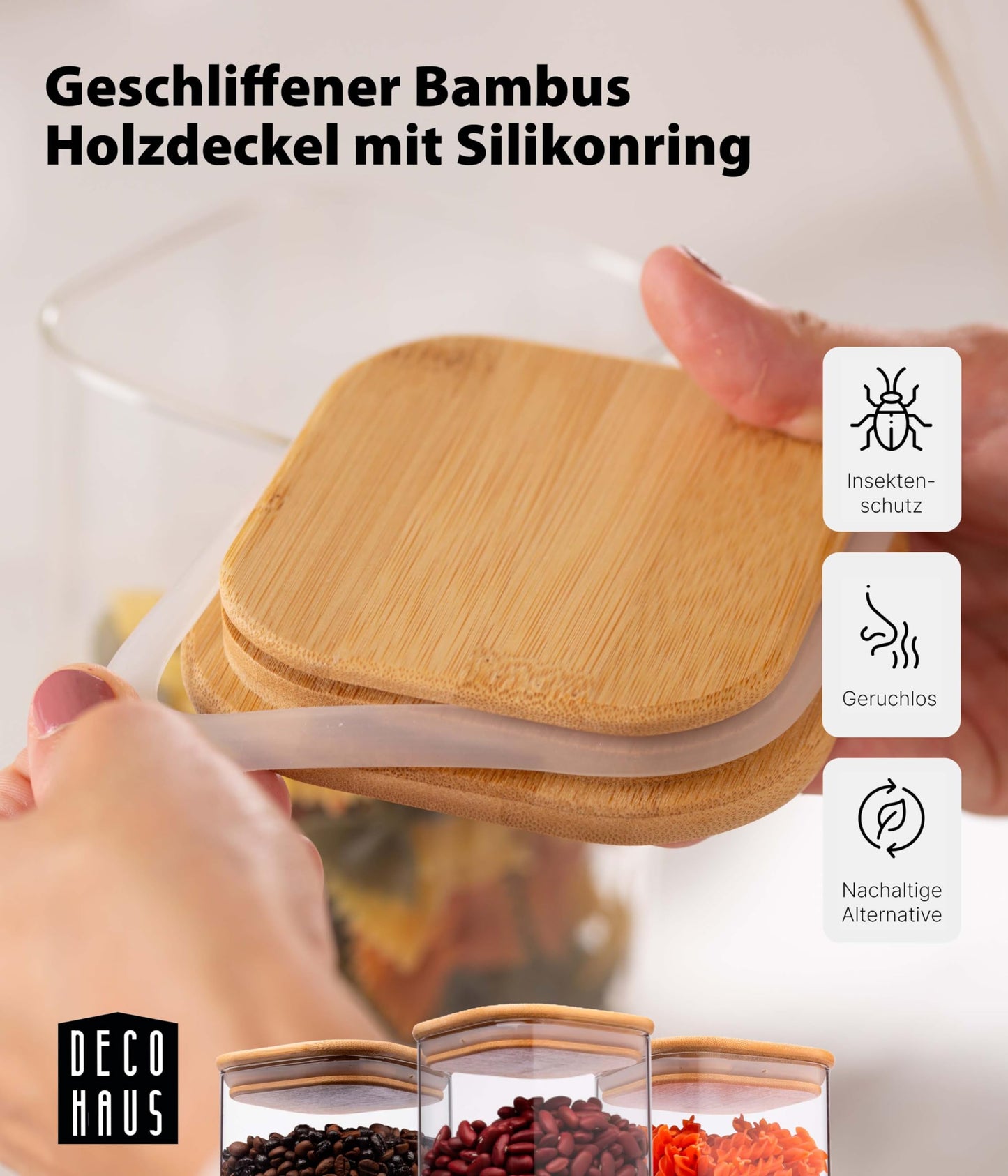 Deco house® set of 6 square glass jars with lids and labels - airtight glass storage containers with wooden lids for storing muesli and other goods.