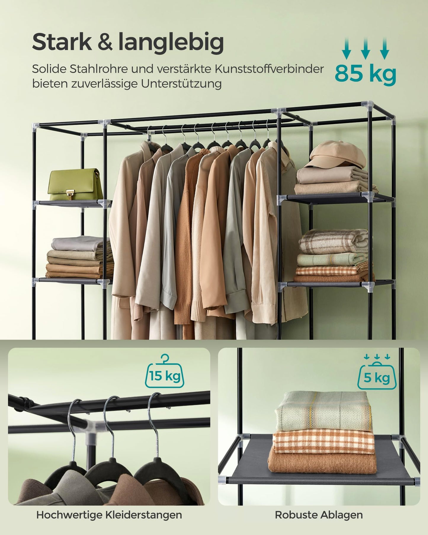 SONGMICS wardrobe, fabric closet with 12 shelves and clothes rail, sturdy cabinet for bedroom, dressing room, 150 x 45 x 175 cm, grey LSF03G