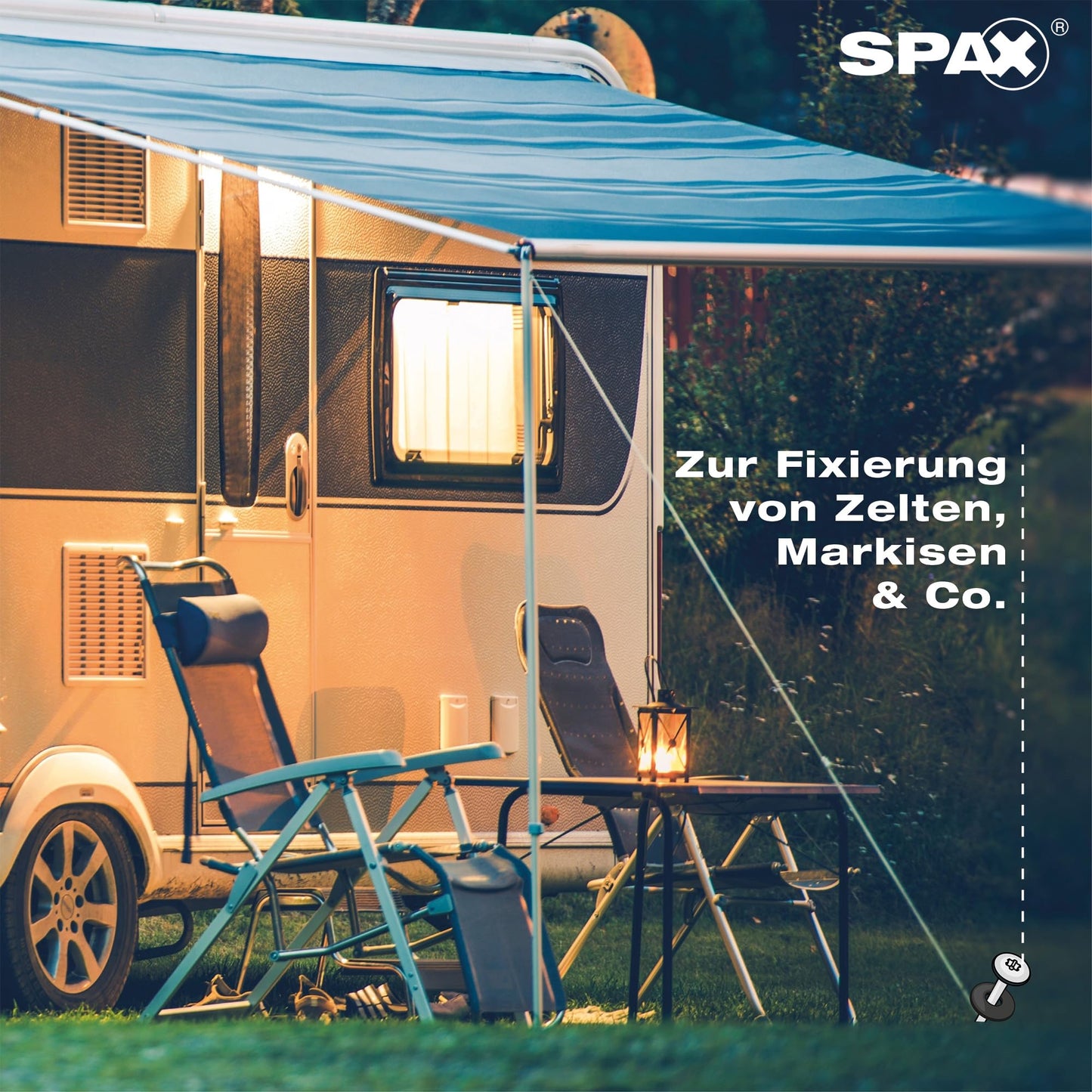 SPAX Camping set - 18 tent screws, 2 bits, 18 washers & flashlight, screw pegs for securing tent, awning, sail, canopy - 8000000294600