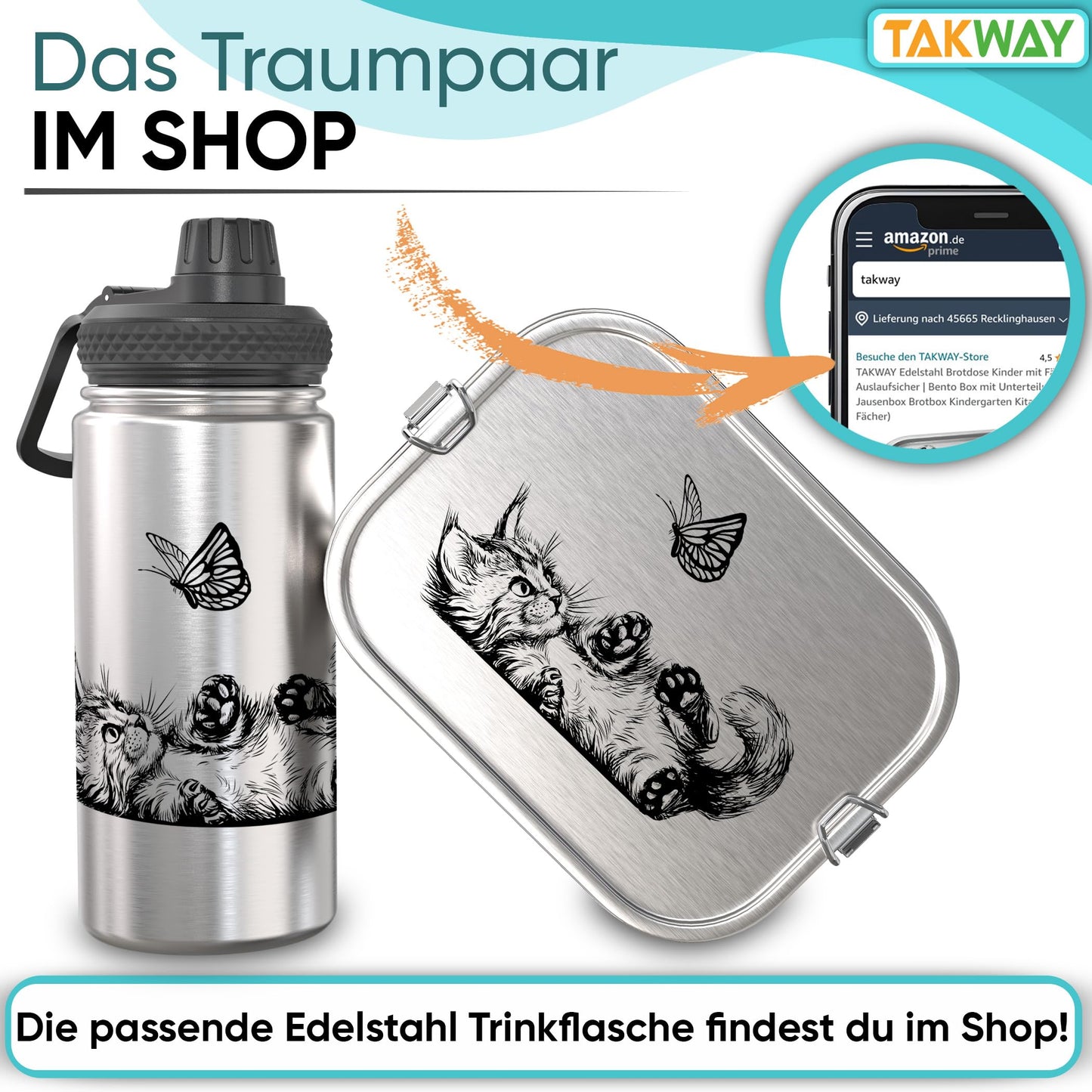 TAKWAY Stainless Steel Lunch Box for Kids with Compartments 800ml | Leakproof | Bento Box with Adjustable Dividers | Snack Box for Nursery School (Cat, Divider)