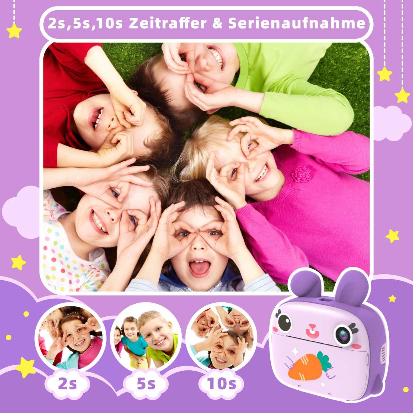 Children's camera instant camera, CAMCLID camera for children with 3 rolls of thermal paper & 32GB card, digital camera & video camera with 2.4" screen, instant camera gift for girls boys (purple)