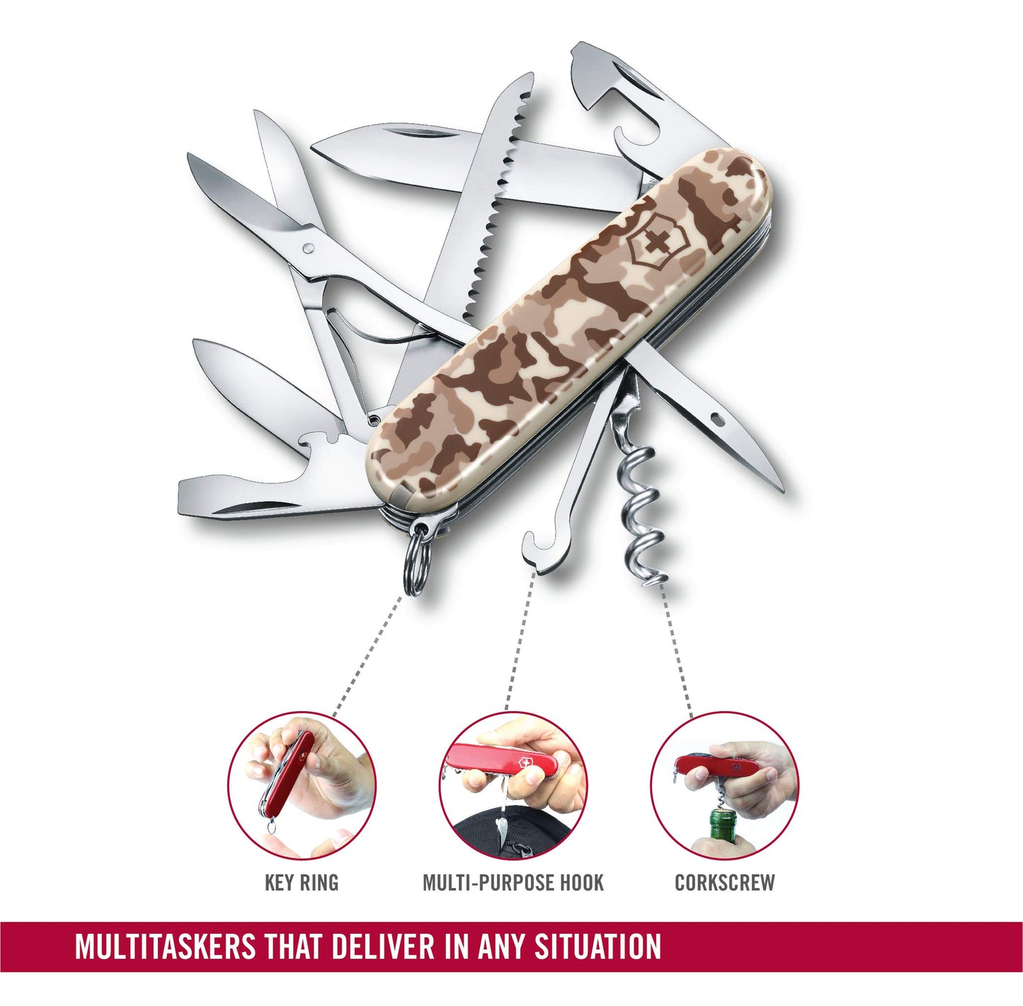 Victorinox Swiss Army Knife Huntsman, multitool with 15 functions, blade, corkscrew, can opener, foldable box, Desert Camouflage.