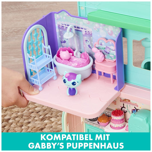 Gabby's Dollhouse Deluxe Room, Primp and Pamper Bathroom, includes MerCat figure and 3 accessories, 3 furniture pieces, and 2 surprise boxes, suitable for children ages 3 and up.