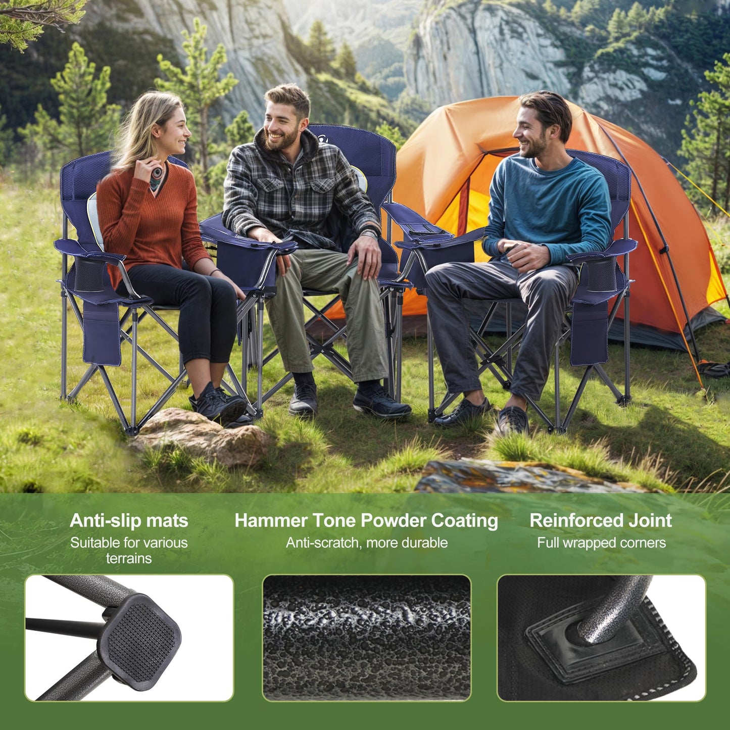 LET'S CAMP Folding camping chair with oversized fishing chair, drink holders, cooler bag. Outdoor chair up to 200kg.