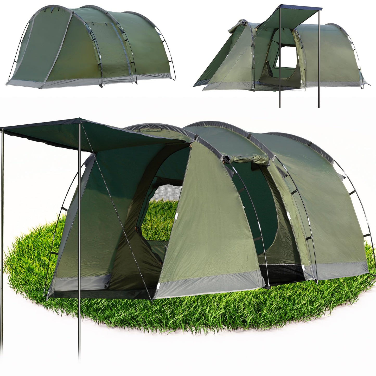 Camping tent for 4 people, 5000mm waterproof tunnel tent. Family tent, group tent, vestibule, sun shade, tipi tent. Large camping tent with sleeping cabin, glamping tent with removable tent floor.