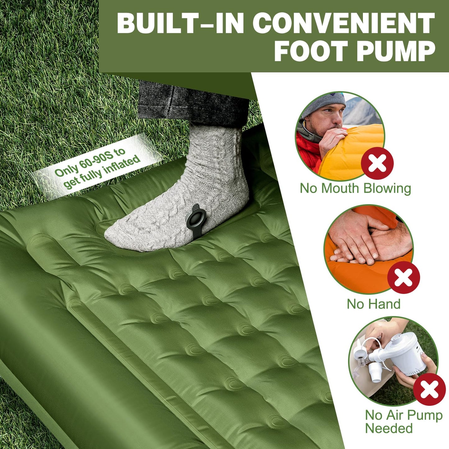 Self-inflating sleeping pad, 12CM thickened air mattress for camping with pillow and foot pump. Ultralight waterproof camping mat for hiking, beach, outdoor, and tent.