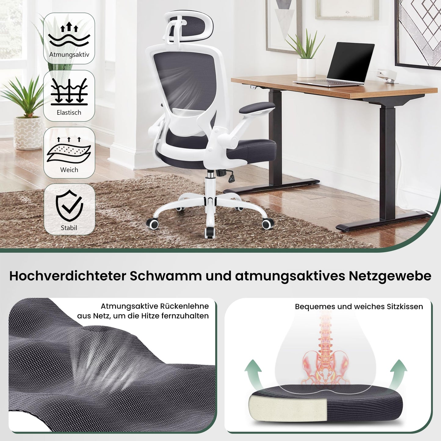 KERDOM Office Chair Desk Chair Ergonomic, Executive Chair with Adjustable Headrest, Armrests, Swivel Chair Tilt Function up to 135° Office Chair 330 lbs Dark Grey