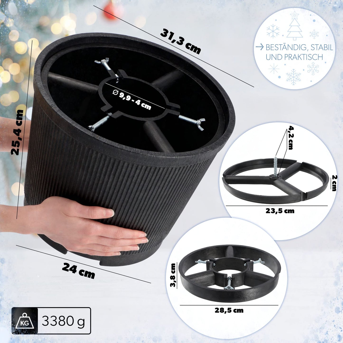 KADAX Christmas tree stand, made from recycled plastic, for real trees up to 250cm in height. Graphite color.