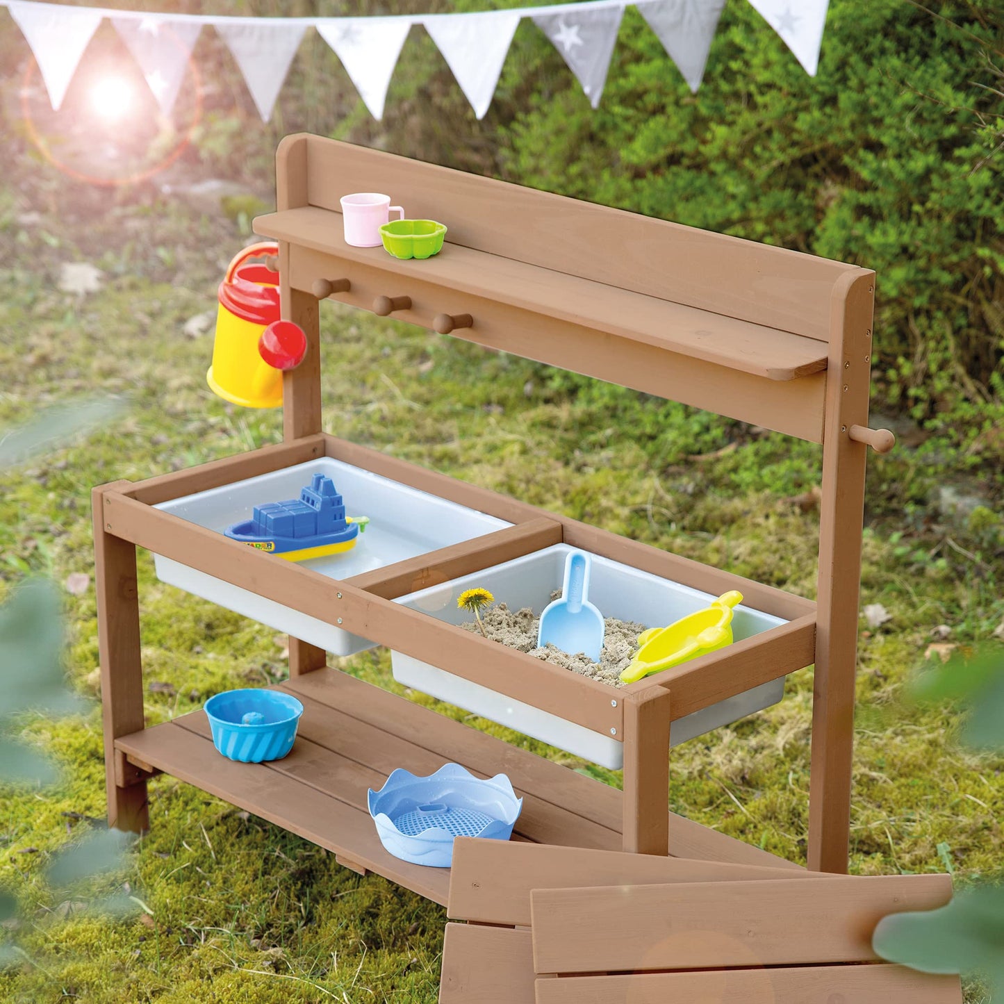 Roba Kids Outdoor Garden Kitchen Fun -Wooden Mud Kitchen with Removable Cover - 2 Plastic Tubs & Shelf - Weatherproof Work Table/Outdoor Play Kitchen - Teak, 1 Piece (1 Pack)