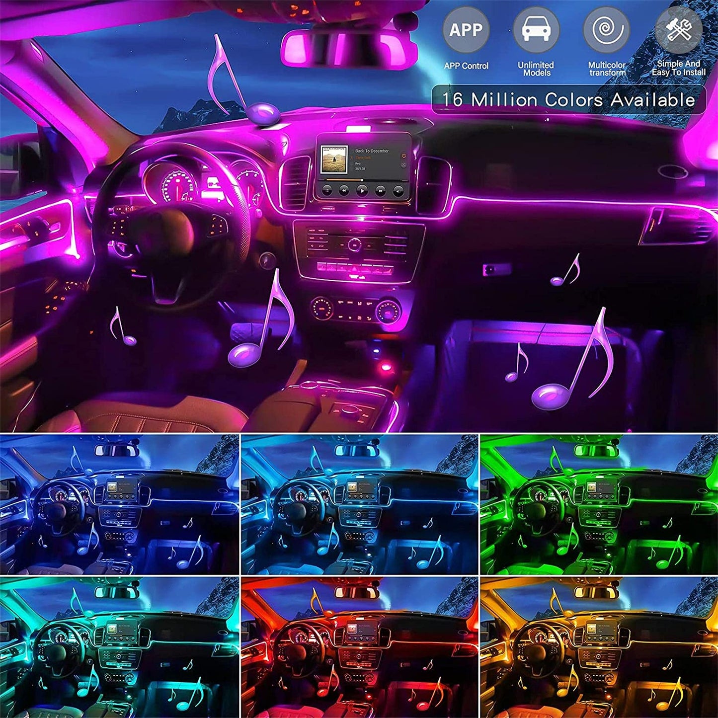 LED interior car lighting, 6M/5 in 1 RGB car interior lighting, 12V LED atmosphere light car, App controllable interior lighting, car LED strips.