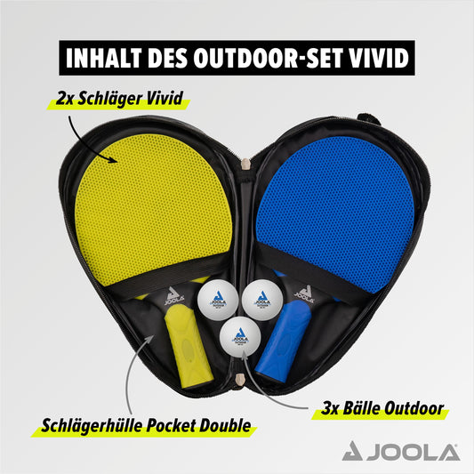JOOLA Table Tennis Set Vivid Outdoor 2 Table Tennis Rackets + 3 Table Tennis Balls + Table Tennis Cover, Lime/blue, 6 pieces