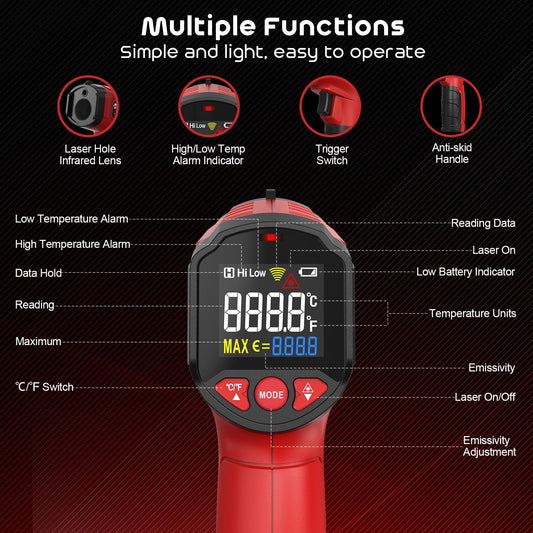 Infrared thermometer, SQECH temperature measuring device -50℃~600℃ (-58℉~1112℉), with adjustable emissivity and colored backlight, for cooking, pizza oven, refrigerator, industrial (Red)