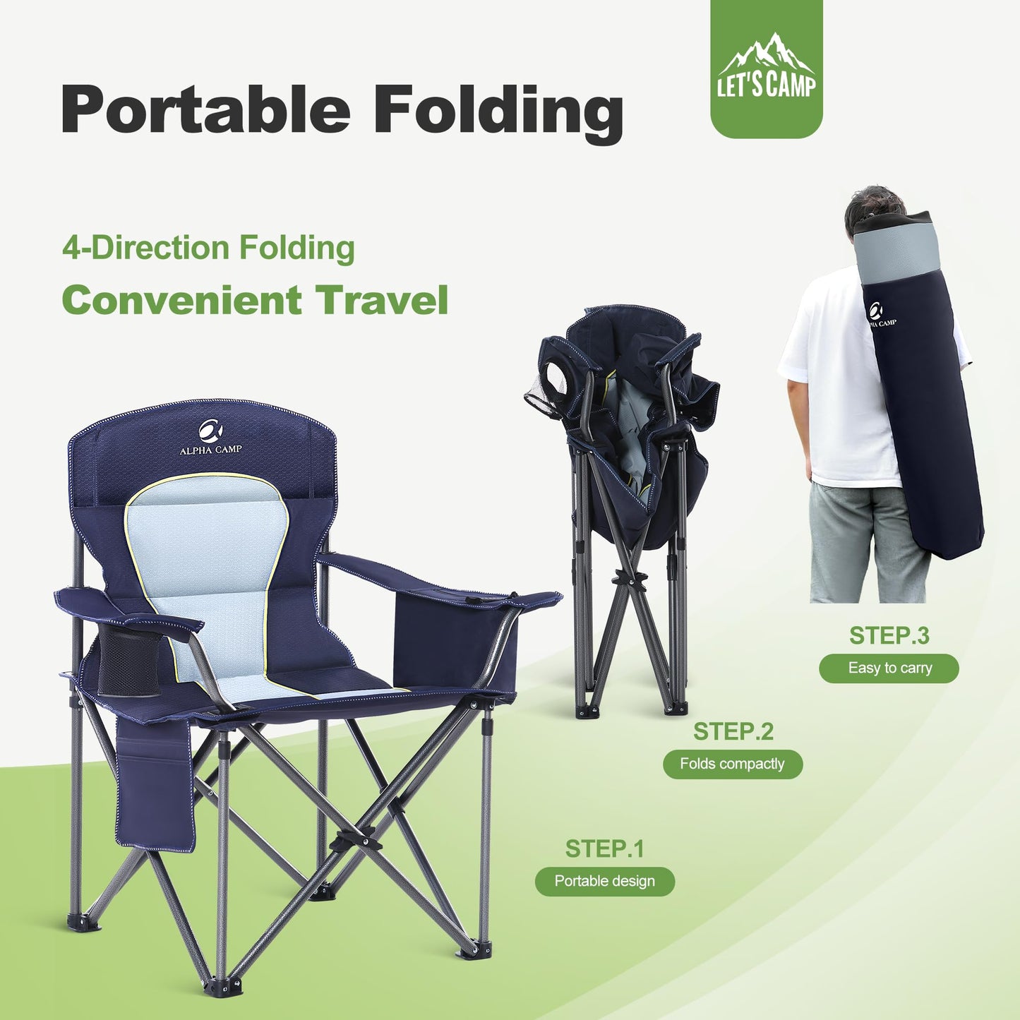 LET'S CAMP Folding camping chair with oversized fishing chair, drink holders, cooler bag. Outdoor chair up to 200kg.