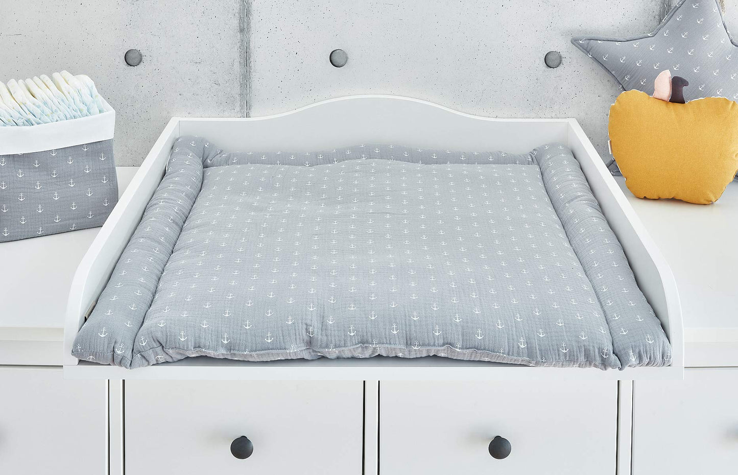 KraftKids MUM112 changing mat in muslin grey anchor, changing mat 75x70 cm (WxD), changing pillow, multicolored, 630 g