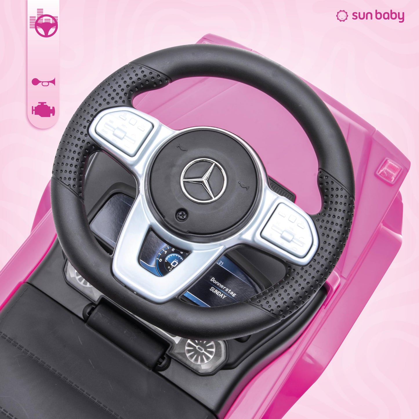 Slide car for 1 year old, Mercedes in red, blue, white, black, kids car, baby car, walker with horn and engine sounds (Pink)