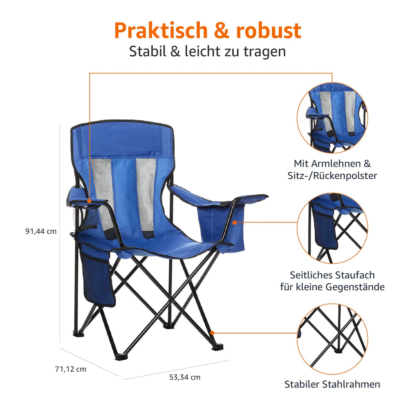 Amazon Basics camping chair with cooler, regular, mesh, blue.