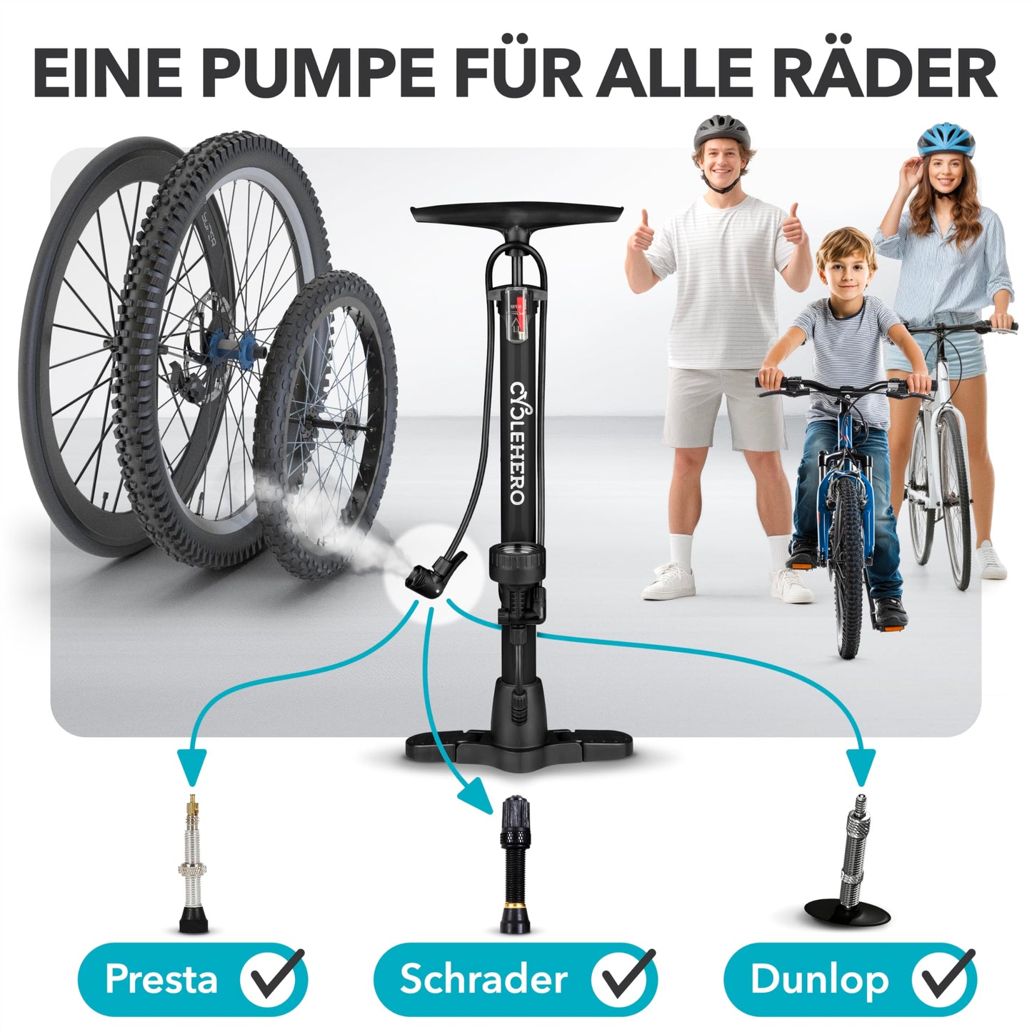 Bicycle pump all valves * Test VERY GOOD - 10 year WARRANTY * Powerful bike pump - bicycle pump French valve - floor pump with gauge - pump floor pump