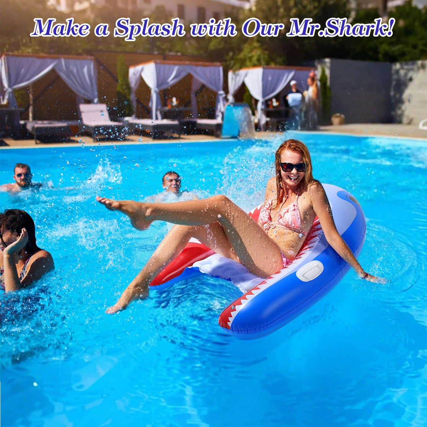 MoKo Pool Float for Adults, 135×107 cm Large Swim Bed with Cup Holder and Handles, Inflatable Sun Lounger Hammock Tanning Chair Pool Toy, 2 Pieces, Blue Shark