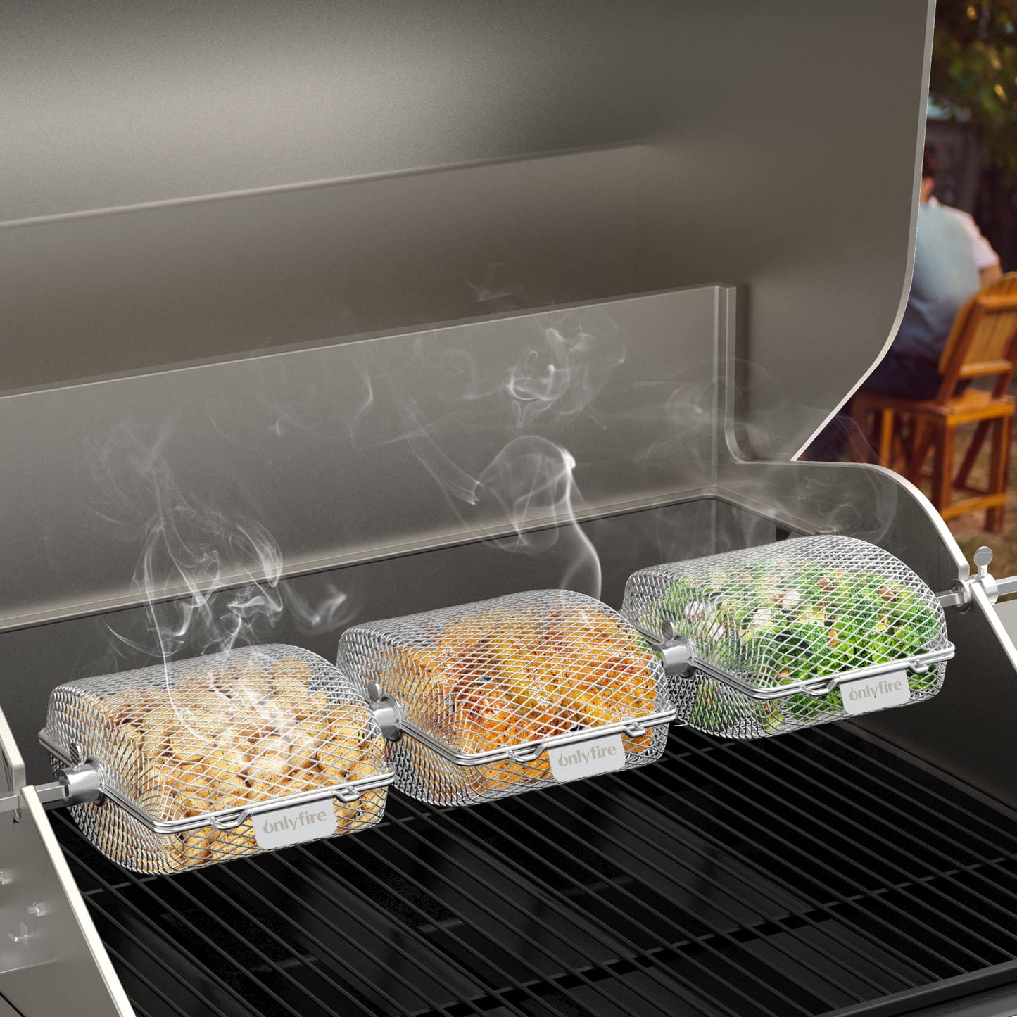 Onlyfire Universal Stainless Steel Grill Basket for Rotisserie, Rotisserie Grill Rack for Skewer, Skewer Basket for Potato Wedges and Vegetable Cubes, 19.2 x 17.5 x 10 cm, 3 pieces.