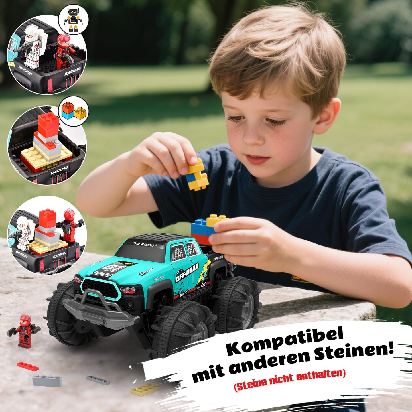 4WD Amphibious Remote Control Car, RC car waterproof with gesture sensor, LED light & 2 batteries, Gift for boys & girls 4-12 years old, Toy car for sand, water & terrain, Compatible with building blocks