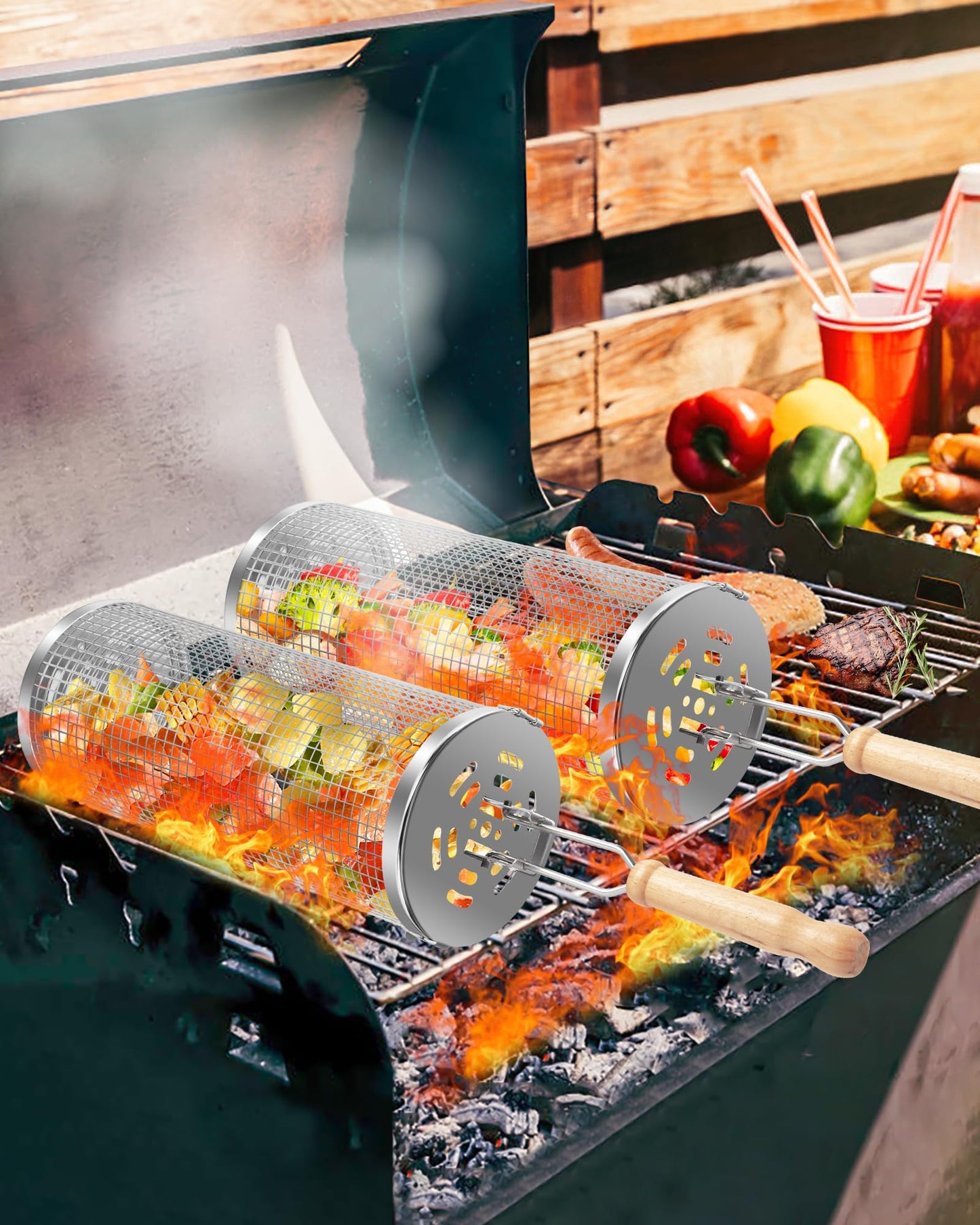 OWZ Rolling Grill Basket Set - 2 pieces of stainless steel grill basket with wooden handle - Rolling Grilling Basket - for outdoor camping grill, grilled vegetables, meat skewers, seafood, etc. (31.8 * 9.5CM)