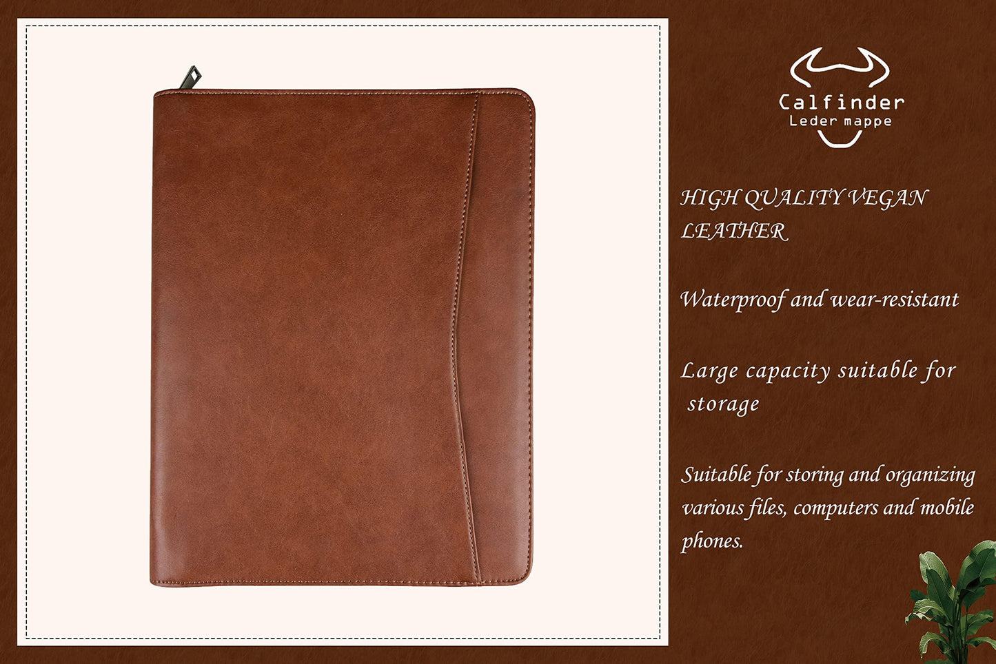 Calfinder A4 Leather Conference Folder, Notepad with A4 Clipboard/Zipper, Vegan Leather File Folder Document Case, Office Organizer, Gift for Women/Men, Brown