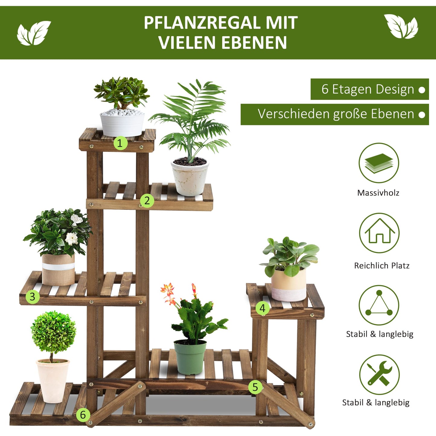 Outsunny Flower Stand Plant Shelf 6 Levels Four-tier Flower Rack Flower Stairs Flower Ladder Solid Wood Charred 98 x 28 x 96.5 cm