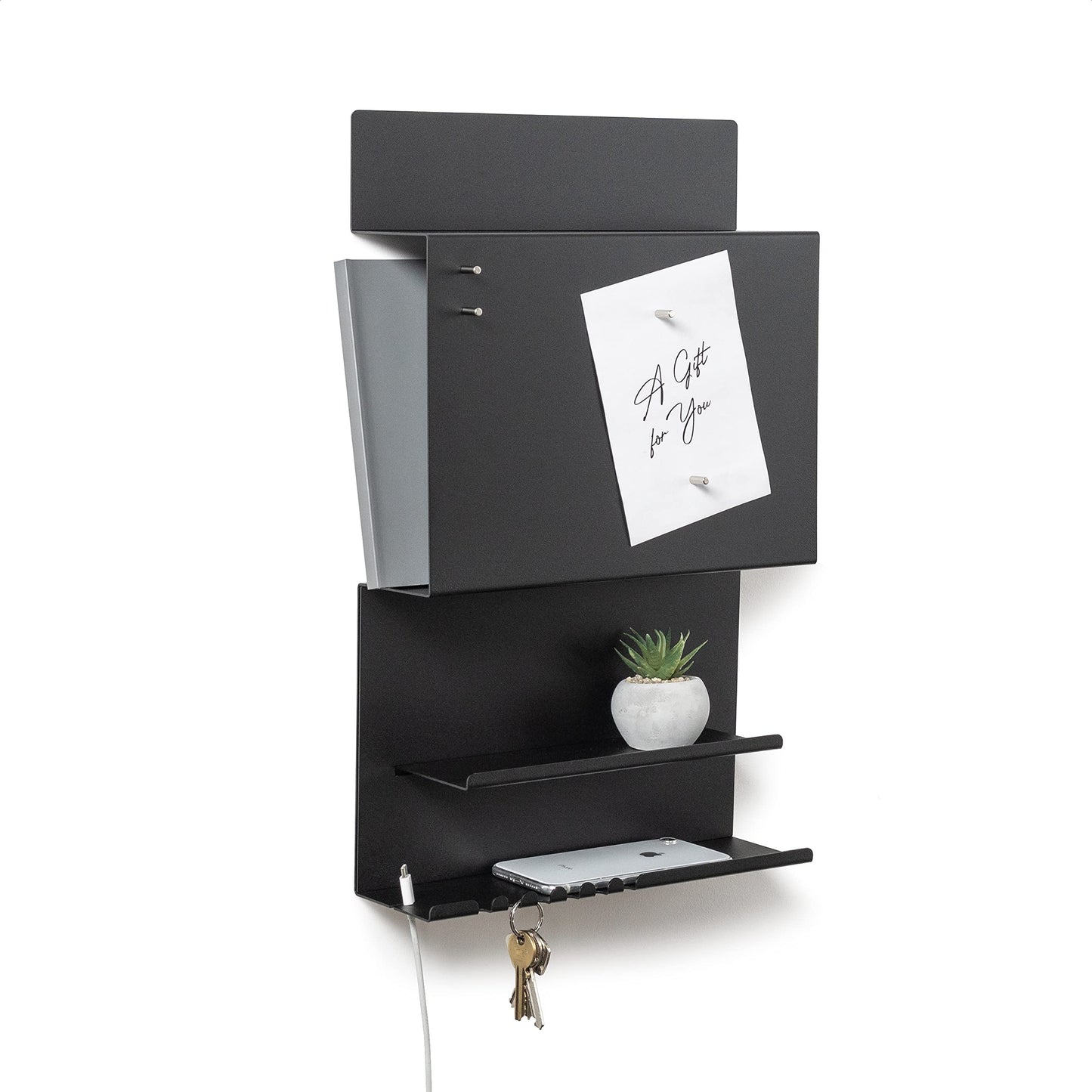 Offer wall organizer Hepe made of steel structure. 30 x 9 x 49 cm 3-in-1 wall shelf with magnetic board and magnets. Board for keys, newspapers, and notes. Black color.
